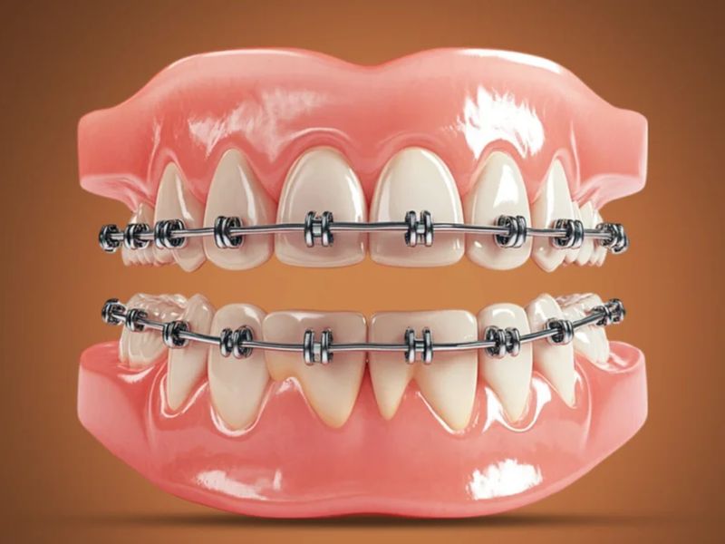 Model of upper and lower teeth with metal braces