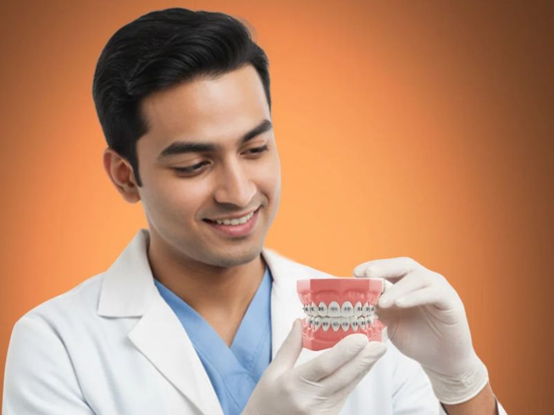 Orthodontist holding a model of teeth with braces