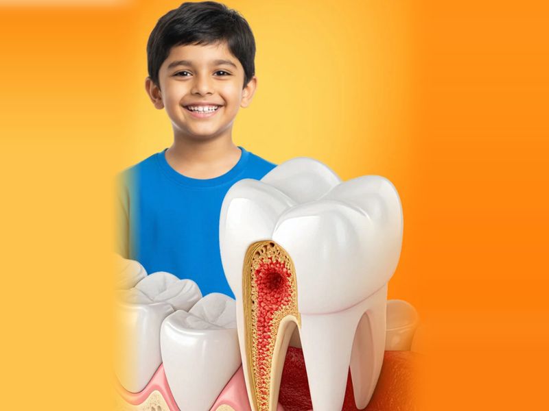 Smiling child next to a large model of a tooth
