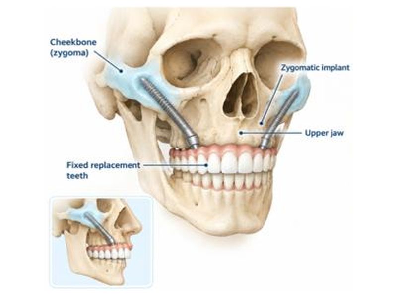 Illustration of a skull showing zygomatic implants anchored in the cheekbone supporting fixed upper teeth