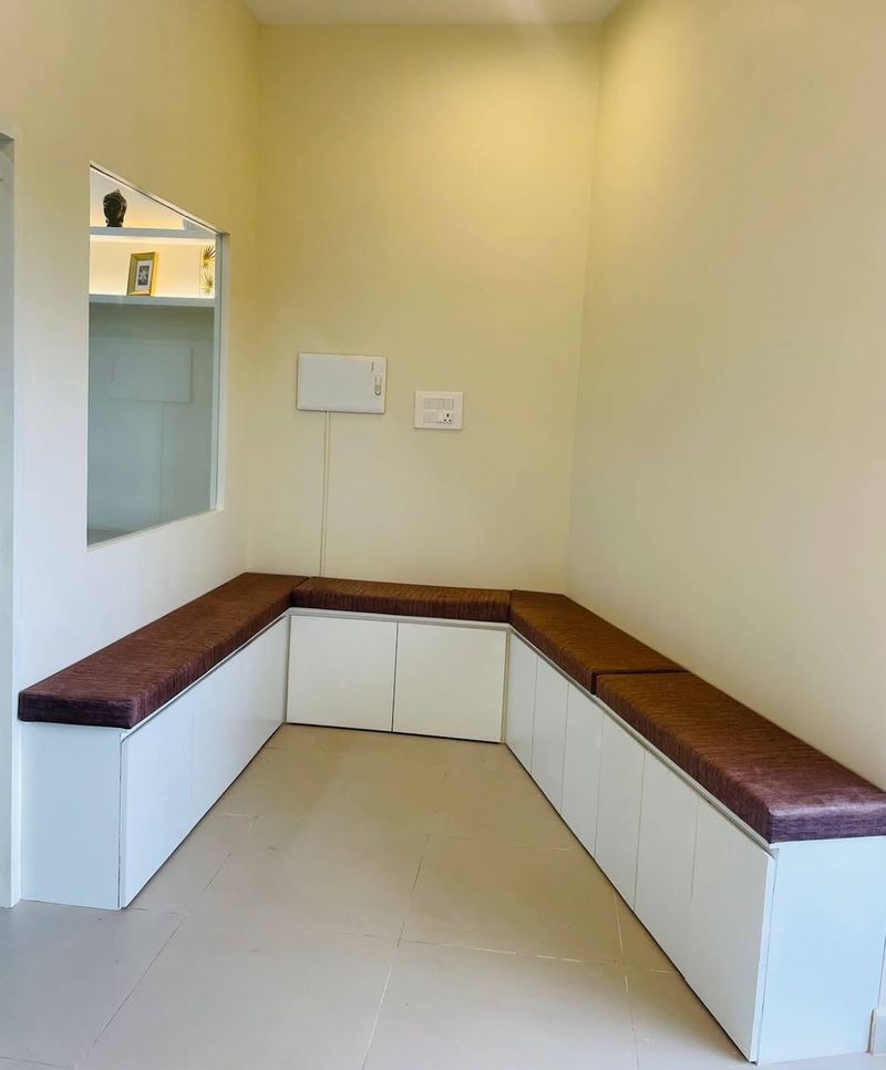Patient waiting area with cushioned bench seating